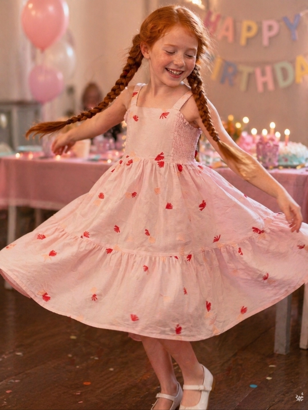 La Paloma Girls' Pink Embroidered Floral Tiered Cotton Dress Size 8-9